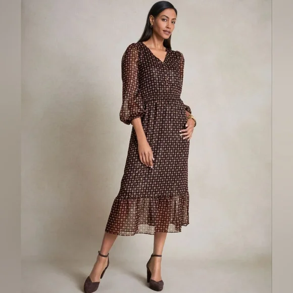 Talbots Fit & Flare Midi Dress in Dainty Medallion Size 4 V-Neck Flounced Hem - Picture 1 of 10